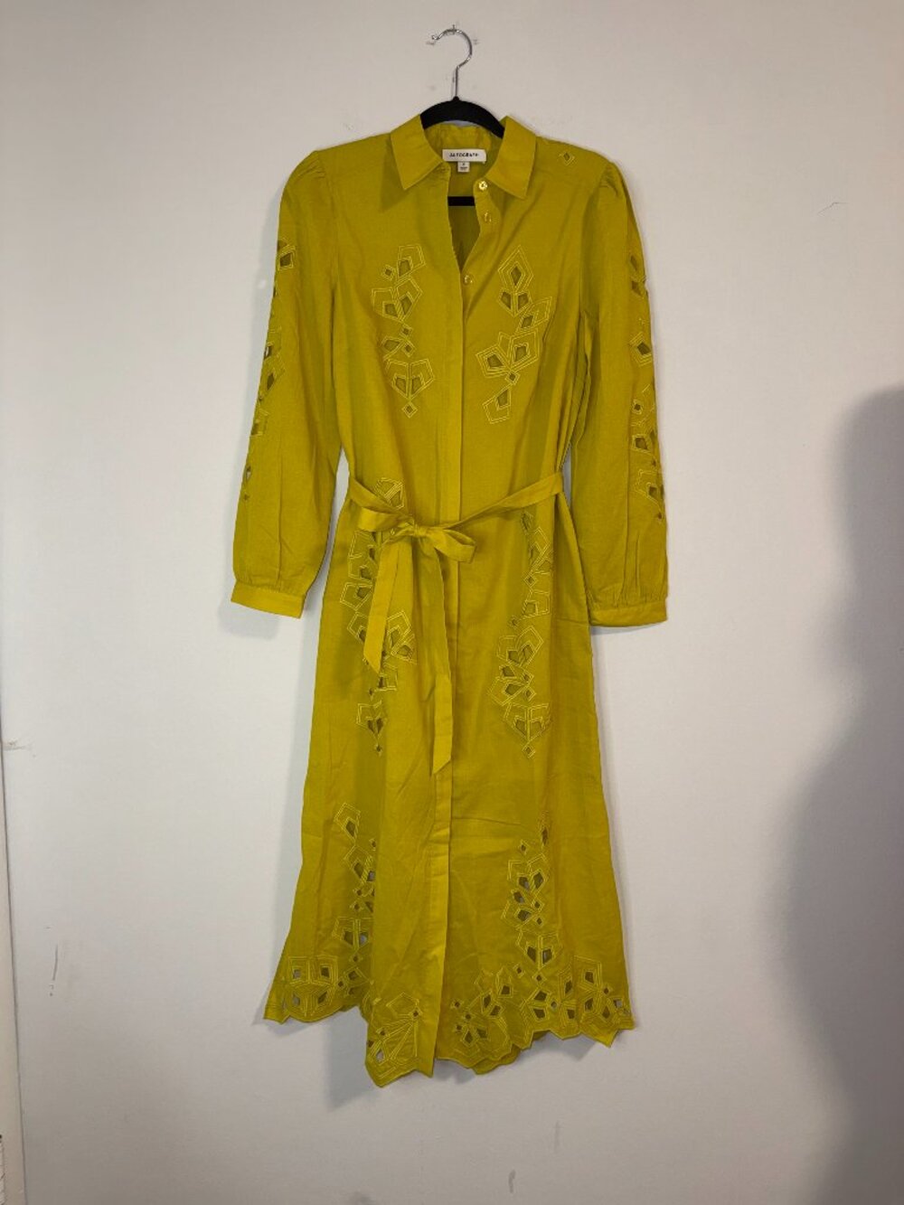 M&S Autograph Cotton Embroidered Tie Waist Button Up Shirt Midi Dress Chartreuse